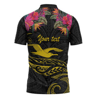 Kiribati Independence Day Personalised Zipper Polo Shirt Gold Frigatebird with Polynesian Pattern - Polynesian Pride