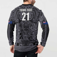 Custom New Zealand Taiaha Maori Button Sweatshirt Minimalist Silver Fern All Black - Polynesian Pride