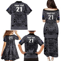 Custom New Zealand Taiaha Maori Family Matching Puletasi and Hawaiian Shirt Minimalist Silver Fern All Black - Polynesian Pride