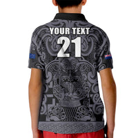 Custom New Zealand Taiaha Maori Kid Polo Shirt Minimalist Silver Fern All Black - Polynesian Pride