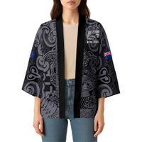 Custom New Zealand Taiaha Maori Kimono Minimalist Silver Fern All Black - Polynesian Pride