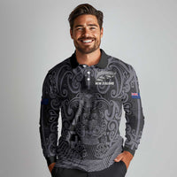 Custom New Zealand Taiaha Maori Long Sleeve Polo Shirt Minimalist Silver Fern All Black - Polynesian Pride
