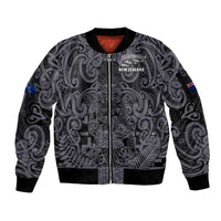 Custom New Zealand Taiaha Maori Sleeve Zip Bomber Jacket Minimalist Silver Fern All Black - Polynesian Pride