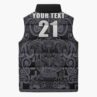 Custom New Zealand Taiaha Maori Sleeveless Puffer Jacket Minimalist Silver Fern All Black - Polynesian Pride