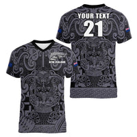 Custom New Zealand Taiaha Maori Women V-Neck T-Shirt Minimalist Silver Fern All Black - Polynesian Pride