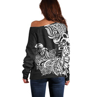 Polynesian Off Shoulder Sweater Pacific Flower Mix Floral Tribal Tattoo Black Vibe LT9 - Polynesian Pride