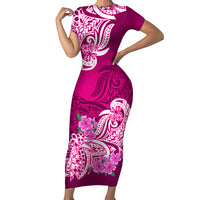 Polynesian Short Sleeve Bodycon Dress Pacific Flower Mix Floral Tribal Tattoo Pink Vibe LT9 Long Dress Pink - Polynesian Pride