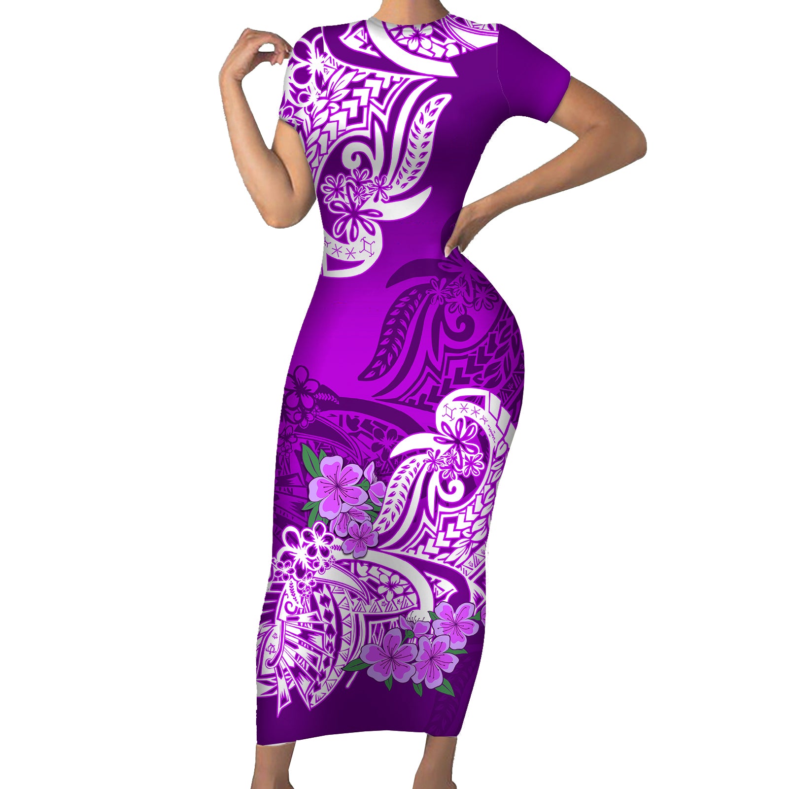 Polynesian Short Sleeve Bodycon Dress Pacific Flower Mix Floral Tribal Tattoo Purple Vibe LT9 Long Dress Purple - Polynesian Pride