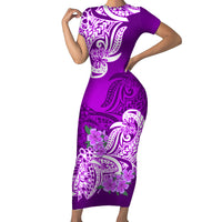 Polynesian Short Sleeve Bodycon Dress Pacific Flower Mix Floral Tribal Tattoo Purple Vibe LT9 Long Dress Purple - Polynesian Pride