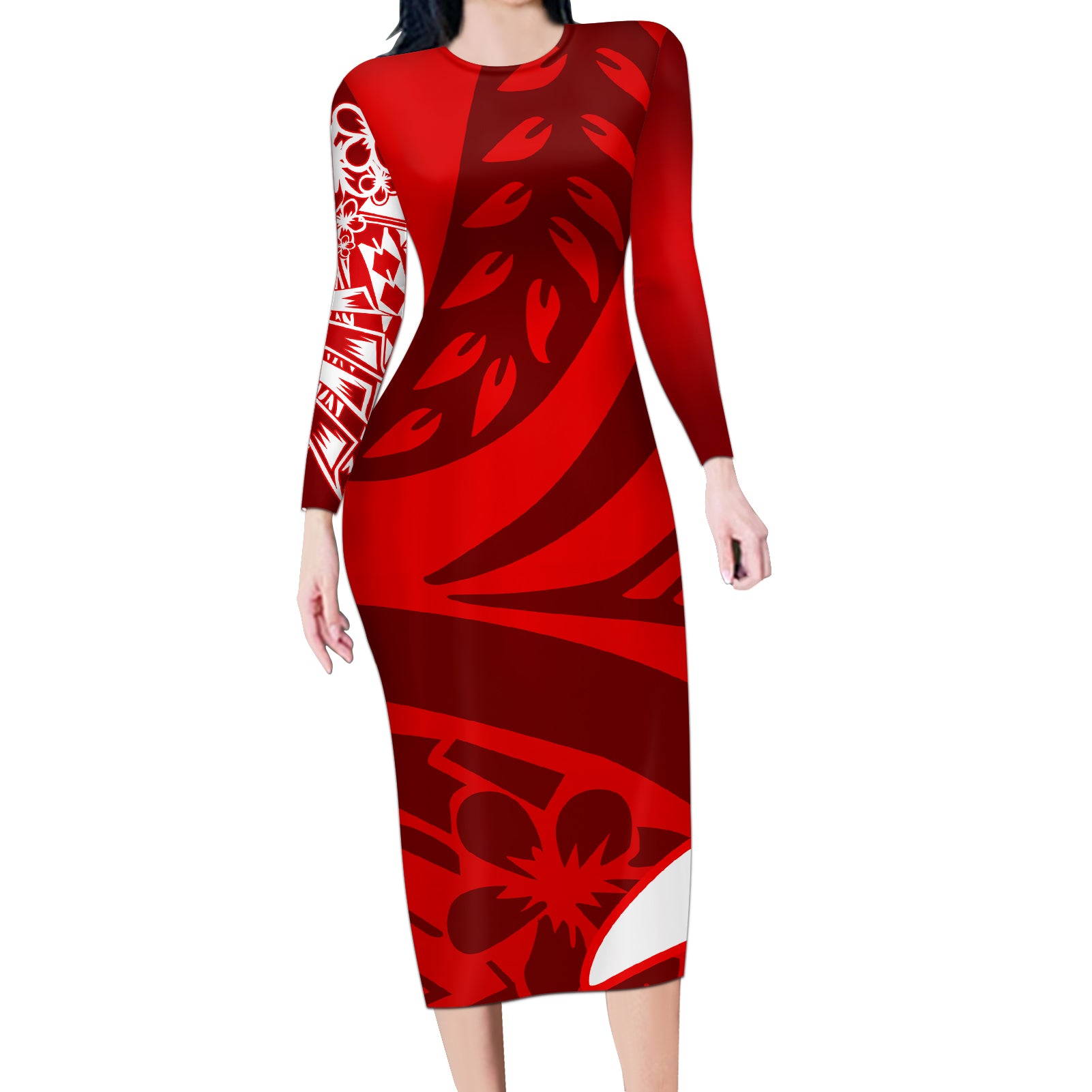 Polynesian Long Sleeve Bodycon Dress Pacific Flower Mix Floral Tribal Tattoo Red Vibe LT9 Long Dress Red - Polynesian Pride