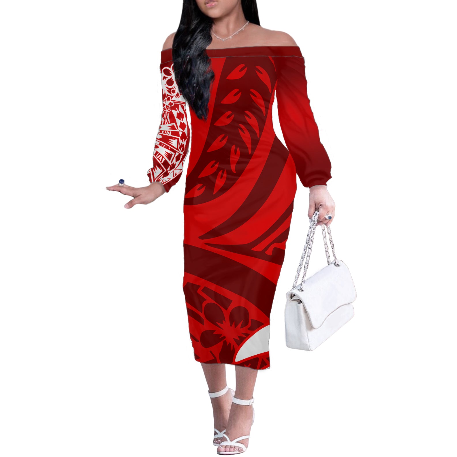 Polynesian Off The Shoulder Long Sleeve Dress Pacific Flower Mix Floral Tribal Tattoo Red Vibe LT9 Women Red - Polynesian Pride