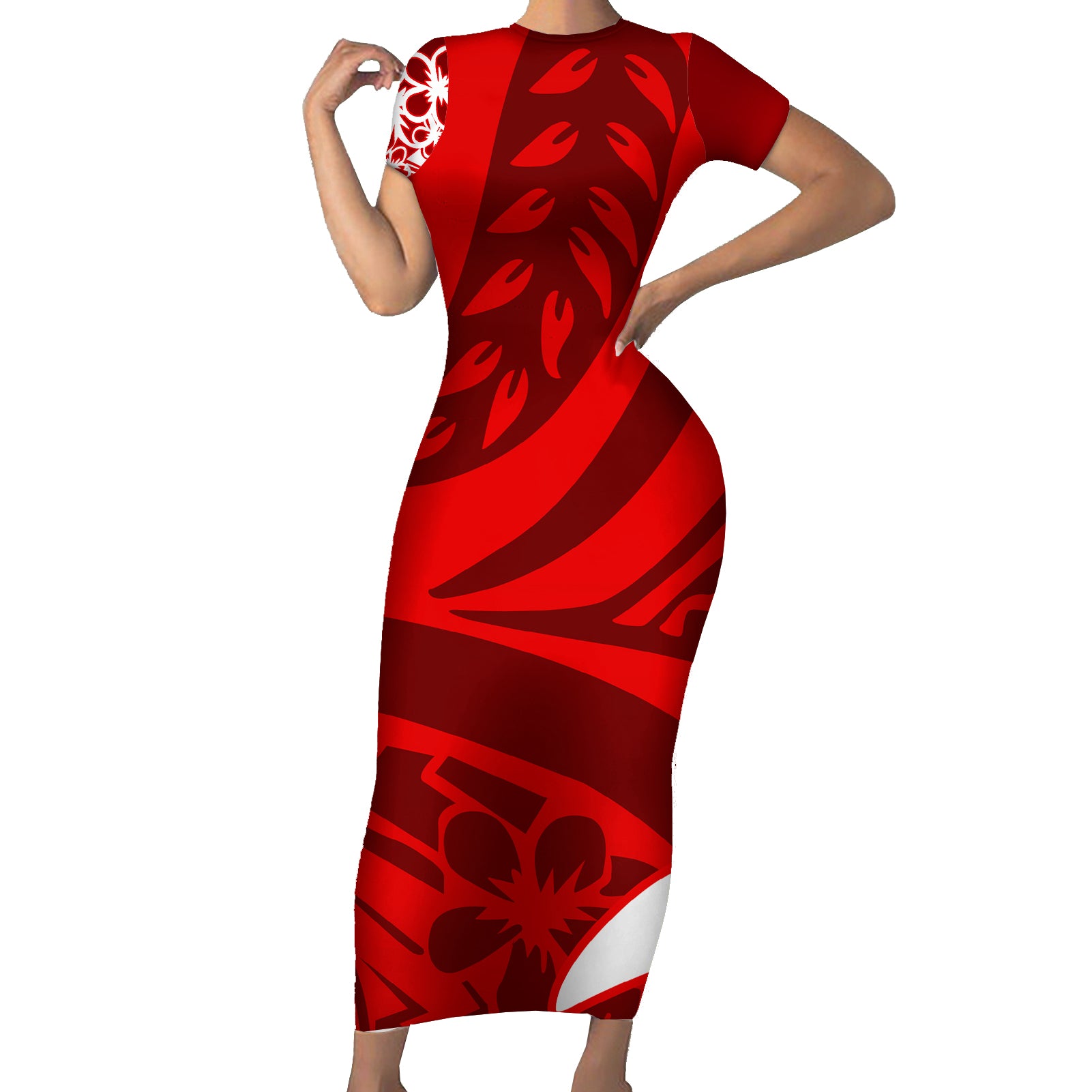 Polynesian Short Sleeve Bodycon Dress Pacific Flower Mix Floral Tribal Tattoo Red Vibe LT9 Long Dress Red - Polynesian Pride