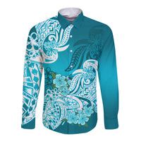 Polynesian Long Sleeve Button Shirt Pacific Flower Mix Floral Tribal Tattoo Aqua Vibe LT9 Unisex Aqua - Polynesian Pride