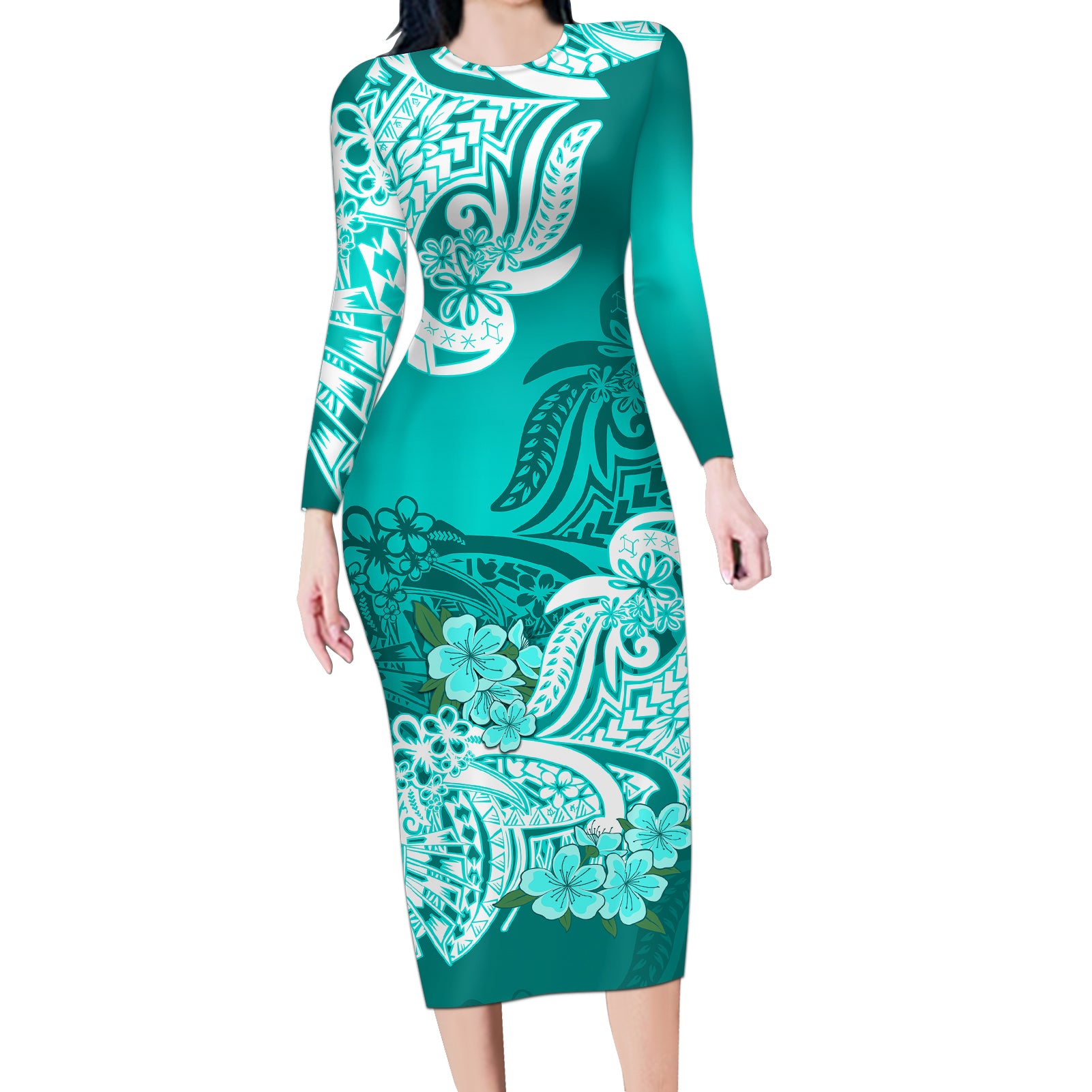 Polynesian Long Sleeve Bodycon Dress Pacific Flower Mix Floral Tribal Tattoo Turquoise Vibe LT9 Long Dress Turquoise - Polynesian Pride