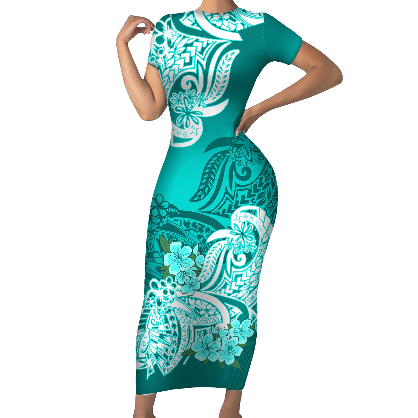 Polynesian Short Sleeve Bodycon Dress Pacific Flower Mix Floral Tribal Tattoo Turquoise Vibe LT9 Long Dress Turquoise - Polynesian Pride