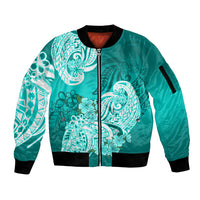 Polynesian Sleeve Zip Bomber Jacket Pacific Flower Mix Floral Tribal Tattoo Turquoise Vibe LT9 Unisex Turquoise - Polynesian Pride