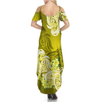Polynesian Summer Maxi Dress Pacific Flower Mix Floral Tribal Tattoo Yellow Vibe LT9 - Polynesian Pride
