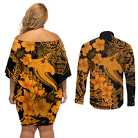 Aloha Hawaii Couples Matching Off Shoulder Short Dress and Long Sleeve Button Shirts Hammerhead Shark Tattoo Polynesian Summer - Gold LT9 - Polynesian Pride