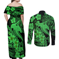 Aloha Hawaii Couples Matching Off Shoulder Maxi Dress and Long Sleeve Button Shirts Hammerhead Shark Tattoo Polynesian Summer - Green LT9 - Polynesian Pride