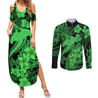 Aloha Hawaii Couples Matching Summer Maxi Dress and Long Sleeve Button Shirts Hammerhead Shark Tattoo Polynesian Summer - Green LT9 Green - Polynesian Pride