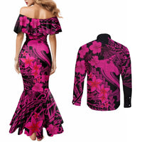 Aloha Hawaii Couples Matching Mermaid Dress and Long Sleeve Button Shirts Hammerhead Shark Tattoo Polynesian Summer - Pink LT9 - Polynesian Pride