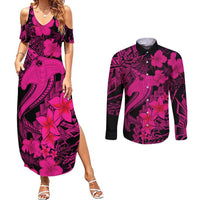 Aloha Hawaii Couples Matching Summer Maxi Dress and Long Sleeve Button Shirts Hammerhead Shark Tattoo Polynesian Summer - Pink LT9 Pink - Polynesian Pride