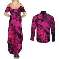 Aloha Hawaii Couples Matching Summer Maxi Dress and Long Sleeve Button Shirts Hammerhead Shark Tattoo Polynesian Summer - Pink LT9 - Polynesian Pride