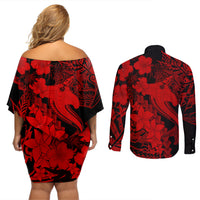 Aloha Hawaii Couples Matching Off Shoulder Short Dress and Long Sleeve Button Shirts Hammerhead Shark Tattoo Polynesian Summer - Red LT9 - Polynesian Pride