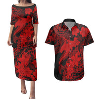 Aloha Hawaii Couples Matching Puletasi Dress and Hawaiian Shirt Hammerhead Shark Tattoo Polynesian Summer - Red LT9 Red - Polynesian Pride