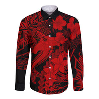 Aloha Hawaii Long Sleeve Button Shirt Hammerhead Shark Tattoo Polynesian Summer - Red LT9 Unisex Red - Polynesian Pride