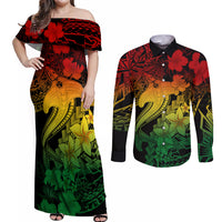 Aloha Hawaii Couples Matching Off Shoulder Maxi Dress and Long Sleeve Button Shirts Hammerhead Shark Tattoo Polynesian Summer - Reggae LT9 Reggae - Polynesian Pride