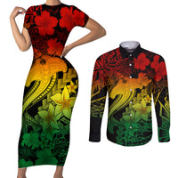 Aloha Hawaii Couples Matching Short Sleeve Bodycon Dress and Long Sleeve Button Shirts Hammerhead Shark Tattoo Polynesian Summer - Reggae LT9 Reggae - Polynesian Pride