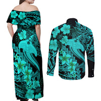 Aloha Hawaii Couples Matching Off Shoulder Maxi Dress and Long Sleeve Button Shirts Hammerhead Shark Tattoo Polynesian Summer - Turquoise LT9 - Polynesian Pride