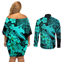 Aloha Hawaii Couples Matching Off Shoulder Short Dress and Long Sleeve Button Shirts Hammerhead Shark Tattoo Polynesian Summer - Turquoise LT9 - Polynesian Pride