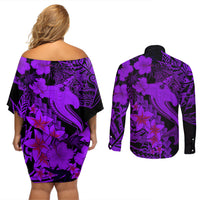 Aloha Hawaii Couples Matching Off Shoulder Short Dress and Long Sleeve Button Shirts Hammerhead Shark Tattoo Polynesian Summer - Violet LT9 - Polynesian Pride
