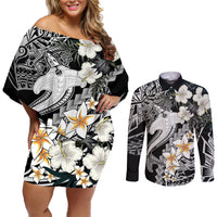 Aloha Hawaii Couples Matching Off Shoulder Short Dress and Long Sleeve Button Shirts Hammerhead Shark Tattoo Polynesian Summer - White LT9 White - Polynesian Pride