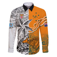 Fiji Australia Rugby Family Matching Puletasi Dress and Hawaiian Shirt World Cup 2023 Polynesia Tapa Mixed Indigenous Aboriginal LT9 Dad's Shirt - Long Sleeve Gold - Polynesian Pride