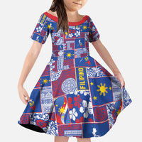 Filipino Maligayang Pasko Family Matching Off The Shoulder Long Sleeve Dress and Hawaiian Shirt Pacific Patchwork Xmas Vibes LT9 Daughter's Dress Blue - Polynesian Pride