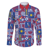 Filipino Maligayang Pasko Family Matching Off Shoulder Short Dress and Hawaiian Shirt Pacific Patchwork Xmas Vibes LT9 Dad's Shirt - Long Sleeve Blue - Polynesian Pride