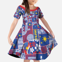 Filipino Maligayang Pasko Kid Short Sleeve Dress Pacific Patchwork Xmas Vibes LT9 KID Blue - Polynesian Pride