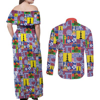 New Caledonia Joyeux Noel Couples Matching Off Shoulder Maxi Dress and Long Sleeve Button Shirt Pacific Patchwork Xmas Vibes - Polynesian Pride