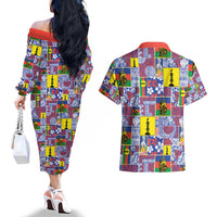 New Caledonia Joyeux Noel Couples Matching Off The Shoulder Long Sleeve Dress and Hawaiian Shirt Pacific Patchwork Xmas Vibes - Polynesian Pride