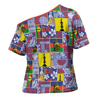 New Caledonia Joyeux Noel Cross Shoulder Shirt Pacific Patchwork Xmas Vibes - Polynesian Pride