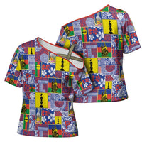 New Caledonia Joyeux Noel Cross Shoulder Shirt Pacific Patchwork Xmas Vibes - Polynesian Pride