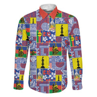 New Caledonia Joyeux Noel Family Matching Off Shoulder Short Dress and Hawaiian Shirt Pacific Patchwork Xmas Vibes LT9 Dad's Shirt - Long Sleeve Blue - Polynesian Pride