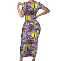 New Caledonia Joyeux Noel Short Sleeve Bodycon Dress Pacific Patchwork Xmas Vibes LT9 Long Dress Blue - Polynesian Pride