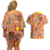 Niue Monuina e Kilisimasi Couples Matching Off Shoulder Short Dress and Hawaiian Shirt Pacific Patchwork Xmas Vibes - Polynesian Pride