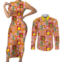 Niue Monuina e Kilisimasi Couples Matching Short Sleeve Bodycon Dress and Long Sleeve Button Shirt Pacific Patchwork Xmas Vibes LT9 Yellow - Polynesian Pride