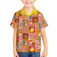 Niue Monuina e Kilisimasi Family Matching Puletasi and Hawaiian Shirt Pacific Patchwork Xmas Vibes LT9 Son's Shirt Yellow - Polynesian Pride