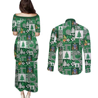 Norfolk Island Meri Krismas Couples Matching Puletasi and Long Sleeve Button Shirt Pacific Patchwork Xmas Vibes - Polynesian Pride